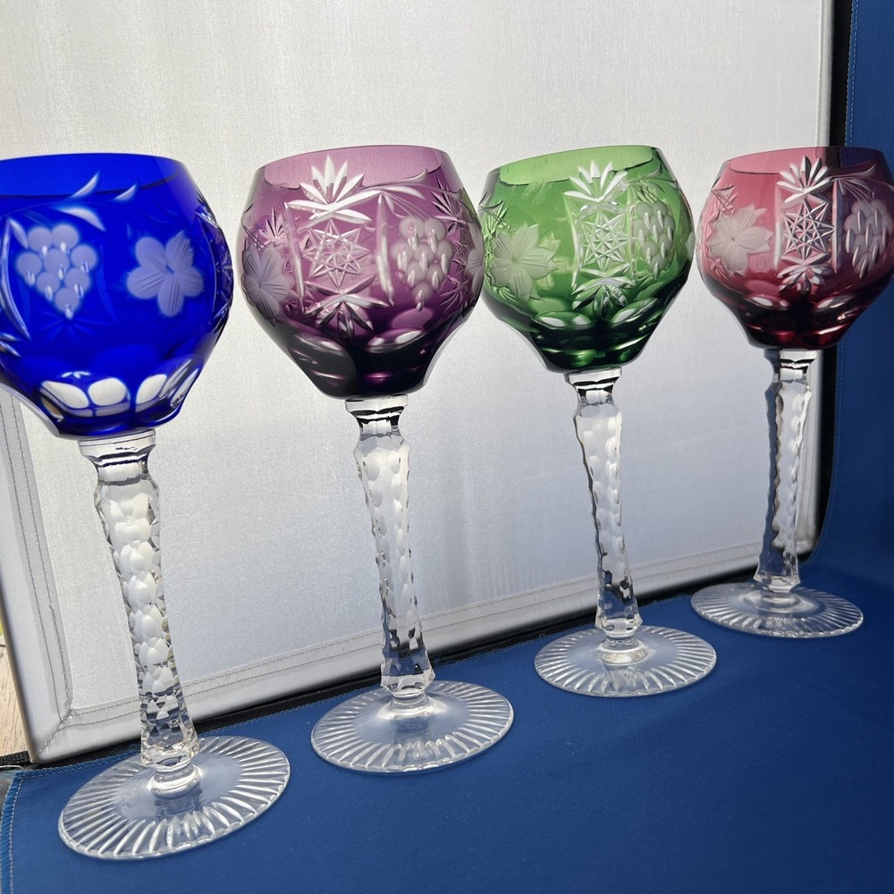 4 Vtg Bohemian Cut To Clear Crystal Goblets Green Cobalt Blue Purple Cranberry